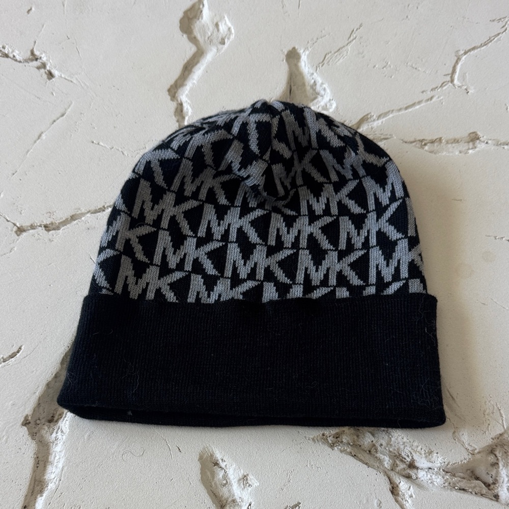 Michael Kors Black & Gray MK Logo Knit Beanie